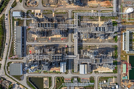 Aerial top view oil​ and gas refinery petrochemical​ plant industrial.