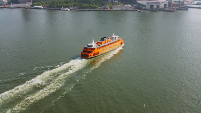 AERIAL Staten Island Ferry in New York Harbor on a sunny day