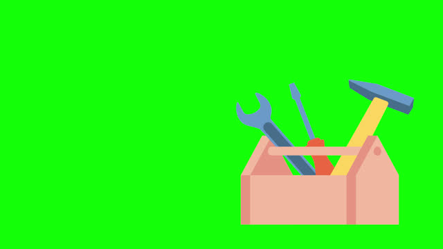 Set building tools repair. Hammer, screwdriver, tape measure. Workman's toolkit. Toolbox with instruments inside. Tool chest with hand tools. Workbox. Business 2d flat animation. Alpha channel