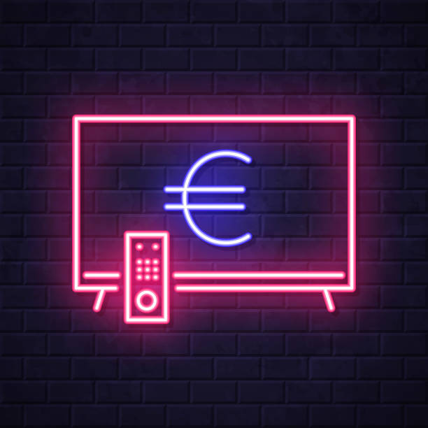 TV with Euro sign. Glowing neon icon on brick wall background Icon of "TV with Euro sign" in a realistic neon sign style. The icon is created with pink and purple/blue glowing neon lights on a dark brick wall. Modern and trendy illustration with beautiful bright colors. Vector Illustration (EPS file, well layered and grouped). Easy to edit, manipulate, resize or colorize. Vector and Jpeg file of different sizes. smart tv on wall stock illustrations