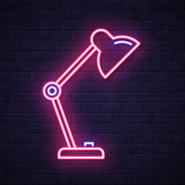 Vector illustration of Desk Lamp. Glowing neon icon on brick wall background