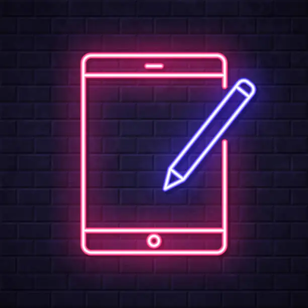 Vector illustration of Tablet PC with pen. Glowing neon icon on brick wall background