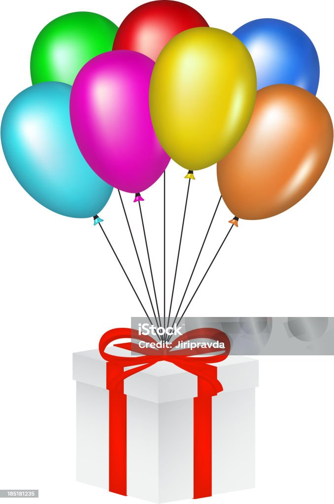 Multicolored brillante globos levantar una caja de regalo - arte vectorial de Acontecimiento libre de derechos