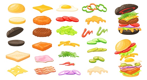 Cartoon burger ingredients. American hamburger sandwich ingredient with bun parts constructor, bacon meat onion omelette slice food cheese bread toppings, neat vector illustration of menu sandwich