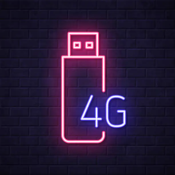Vector illustration of 4G USB modem. Glowing neon icon on brick wall background