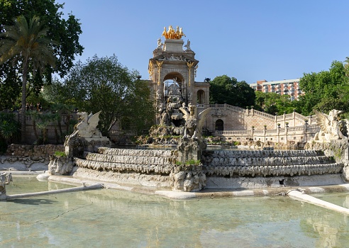 Barcelona, Spain – September 06, 2022: Large fountain in the Parc de la Ciutadella in the town of Barcelona. Spain.