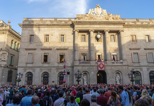 Barcelona, Spain – September 09, 2021: Barcelona City Hall celebrating and crowded with tourists. Data 09-09-2021. Spain