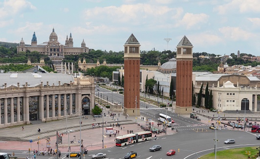 Barcelona, Spain – September 06, 2022: Aerial view of Spain squre, also known as Spain square a and View of the Venetian Towers  one of Barcelona most important tourist attractions.