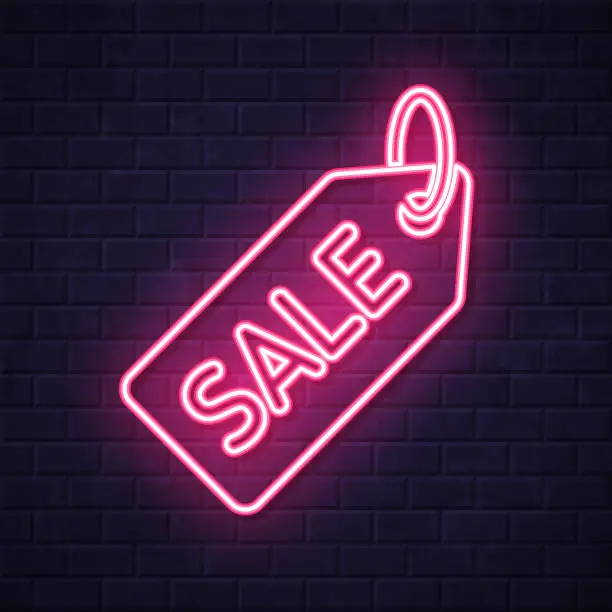 Vector illustration of Price tag - Sale. Glowing neon icon on brick wall background