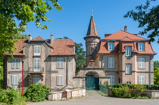 Obernai, France - August 11, 2022: Hell-Oberkirch Castle near city park in Obernai. Bas-Rhin department in Alsace region of France