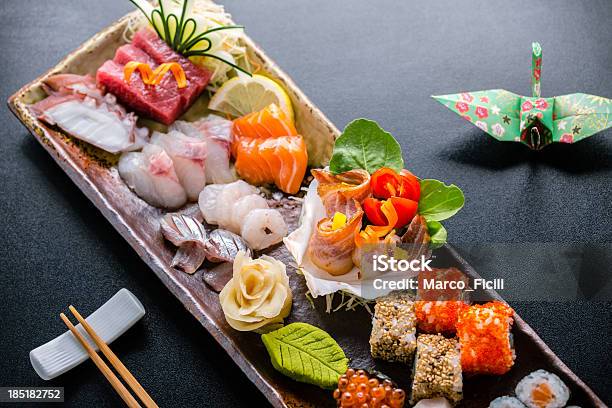 Sashimi Sushi Plate With Origami Stock Photo - Download Image Now - Black Color, Close-up, Directly Above