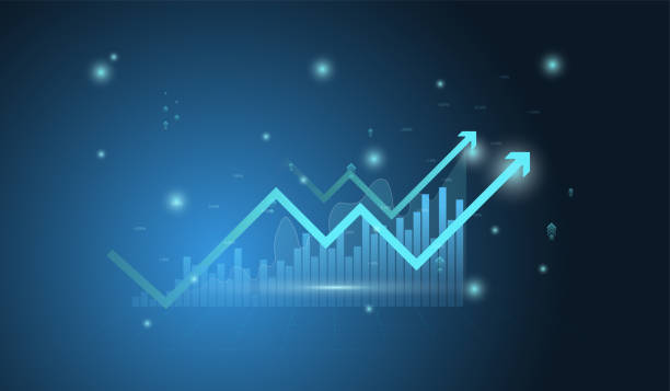 istock Financial chart with moving up arrow graph and world map in stock market on blue color background vector, illustration 1851833564