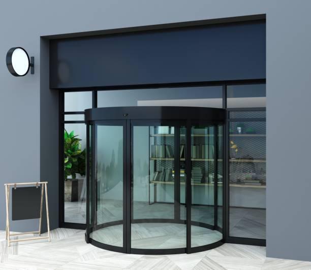 istock Automatic half round glass modern door facade mockup 1851843210