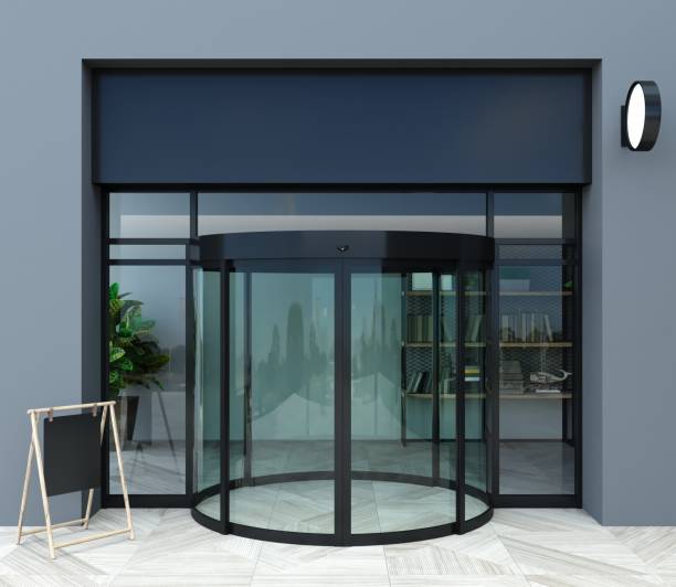 istock Automatic half round glass modern door facade mockup 1851843215