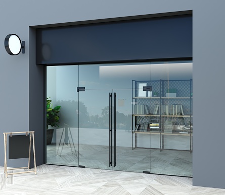 3d illustration. Glass partition and doors in office or shop hall.