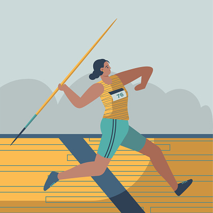 Young sporty girl participates in javelin throw competition. Sports competitions concept. Strong and resilient athlete. Flat vector illustration in cartoon style in yellow and green colors