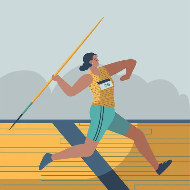 Vector illustration of Young sporty girl participates in javelin throw competition. Sports competitions concept