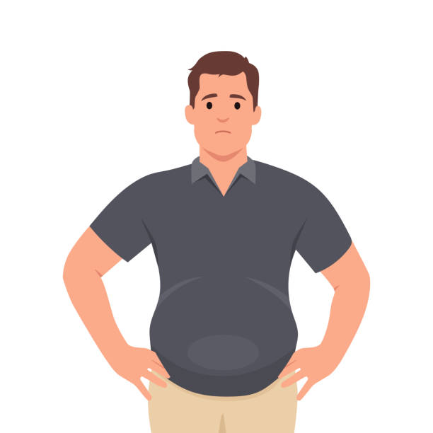 Young man worried about belly fat. Young man worried about belly fat. Flat vector illustration isolated on white background pot belly stock illustrations