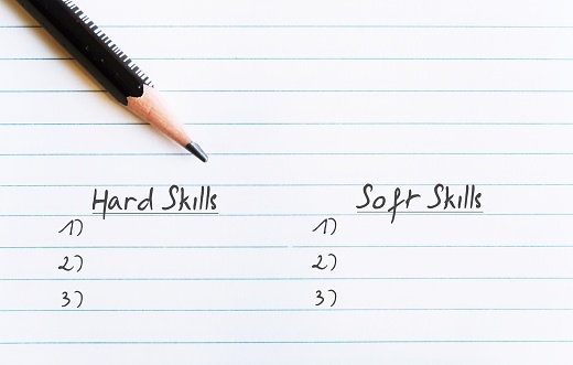 Pencil writing on note paper listing HARD SKILLS (learned abilities that let you tackle job-specific duties) and SOFT SKILLS (traits relate to relate or interact with other people)