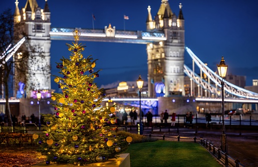 A beautiful illuminated Christmas tree in front of the iconic Tower Bridge of London, England, during winter night time