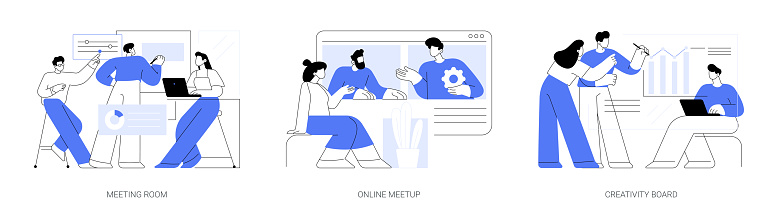 Teamwork at the office isolated cartoon vector illustrations set. Colleagues discussing business in a meeting room, online meetup, team video call, creativity board, modern workplace vector cartoon.