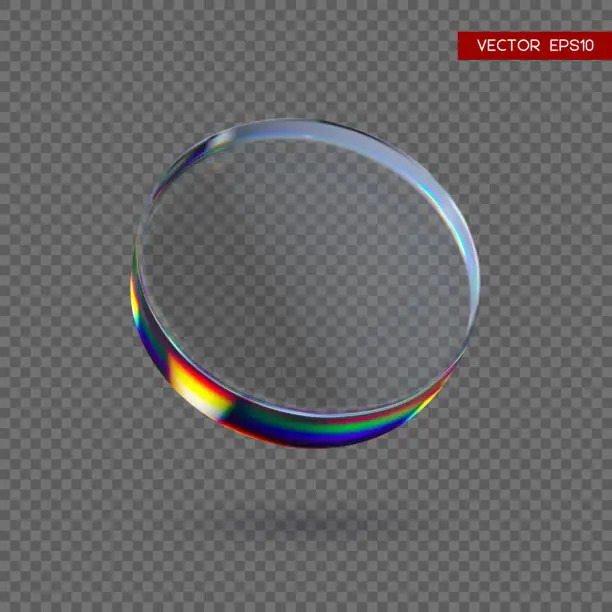 Vector illustration of 3d transparent glossy round disc with dispersion effect. Rainbow colors reflection glass.