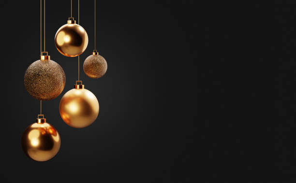 istock Gold Christmas balls hanging on gold strings 3d render illustration. Christmas decorations background. 1851894287