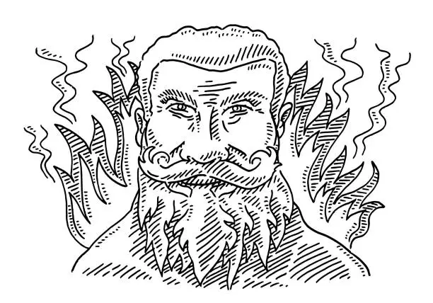 Vector illustration of Bearded Fantasy Character Man In Front Of Fire Drawing