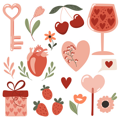 Set of elements for Valentine's Day. Cartoon style. Vector illustration.