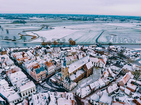 Hattem aerial view during a cold winter morning