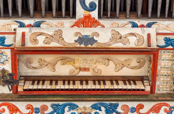 Detail of the keys of the organ restored and decorated with floral motifs and painted geometric figures of the Church of San Francisco de Evora, built in 1742 by order of Bishop Frei Jose Maria.