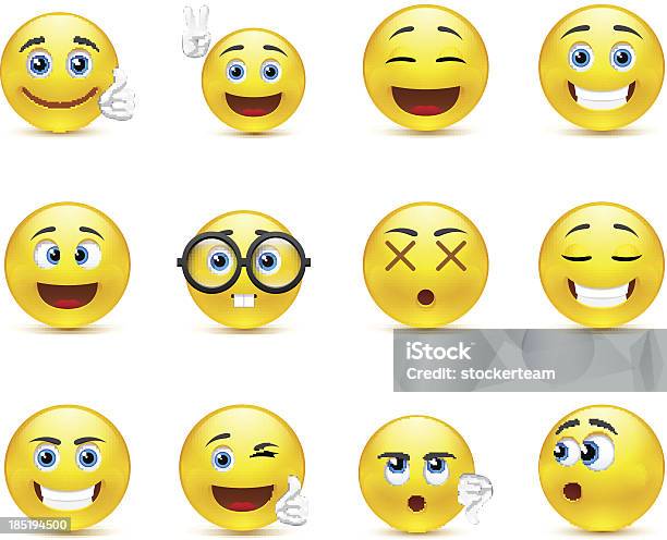 웃는 얼굴을 영상을 다양한 감정을 표현하는 이모티콘에 대한 스톡 벡터 아트 및 기타 이미지 - 이모티콘, 미소, 사람 같은 웃는 얼굴