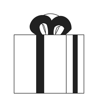 Anniversary gift box black and white 2D cartoon object. Wedding celebration giftbox isolated vector outline item. Special offer marketing. Saint valentine greeting monochromatic flat spot illustration