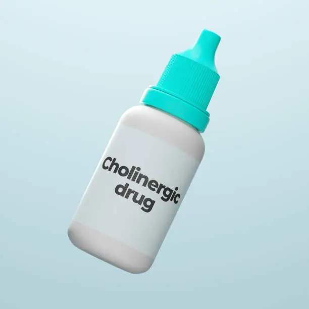 Isolated glaucoma treatment drug cholinergic in eyedropper bottle. 3d illustration of seablue background. Cholinergic agents are  mimic the action of acetylcholine or butyrylcholine.