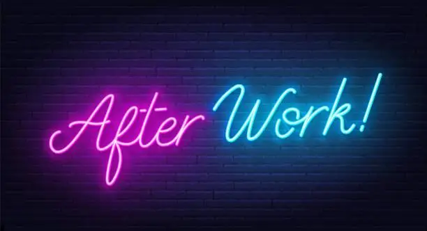 Vector illustration of After Work neon lettering on brick wall background