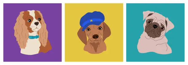 Vector illustration of Portraits of various cute dogs. Funny pets animals of different breeds.