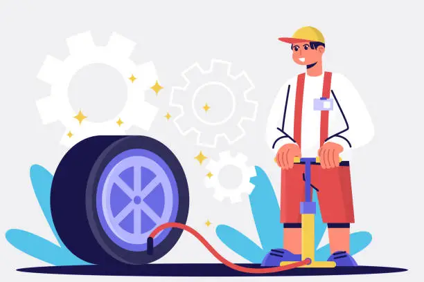 Vector illustration of Man in uniform stands near pump and pumps up wheel. Technic occupation