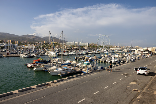 Benalmadena, Spain - September 15, 2023: Boats and yachts moored at Puerto Marina in Benalmadena, Costa del Sol Malaga, Spain. This marina has berths for 1100 boat