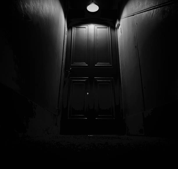 istock A dark corridor illuminated by a single light casting shadows against a wooden door 1852014661