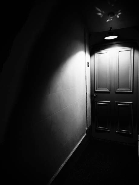 istock A dark corridor illuminated by a single light casting shadows against a wooden door 1852014676
