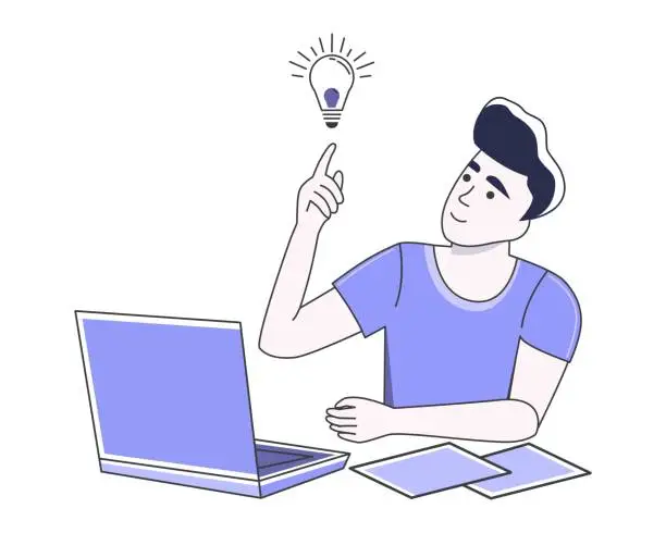 Vector illustration of Idea. A guy comes up with a new project using his laptop.