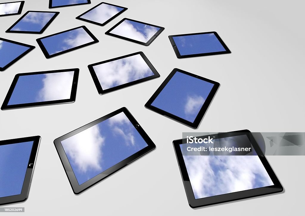 3 d tablet pc, céu fundo em telas - Foto de stock de Galeria de Arte royalty-free