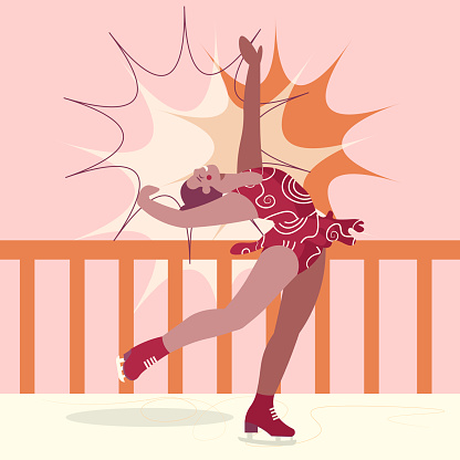 Woman performing on ice stage, engaged in figure skating. Young human engaged in sport. Sporty and healthy lifestyle. Flat vector illustration in cartoon style in red colors