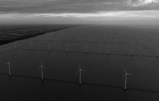 Aerial photo of wind power field in Bac Lieu province, one of the largest wind power plants in Vietnam
