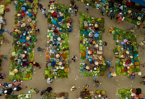 Aerial view of outdoor vegetable market in Mekong Delta, Vietnam
