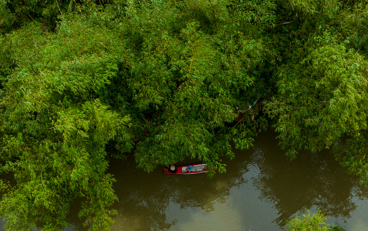 Abstract aerial photo of a boat on a small canal, with bamboo forests on both sides of the river, Hau Giang province, Vietnam