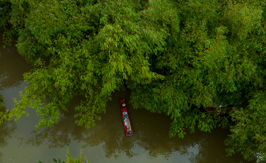 Abstract aerial photo of a boat on a small canal, with bamboo forests on both sides of the river, Hau Giang province, Vietnam