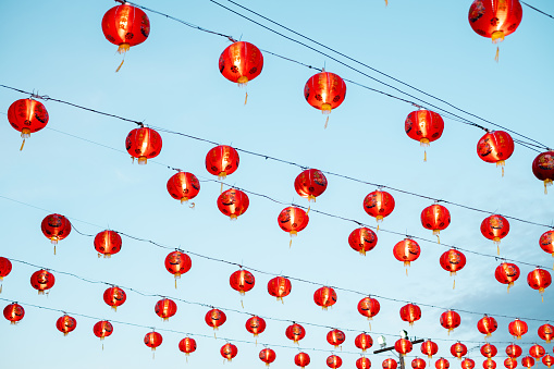 Real amazing Beautiful Red Chinese lanterns. Chinese New, Year Japanese asian new year red lamps festival chinatown traditional,Chinese lanterns in Celebration Chinese New Year on blue sky background