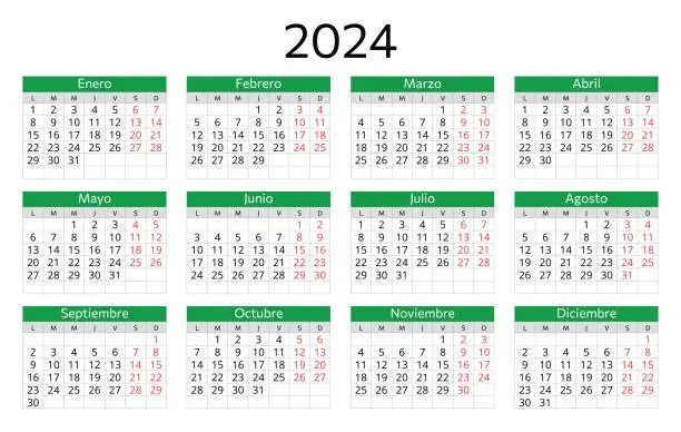 Vector illustration of SPANISH 2024 calendar. Printable vector template illustration in Spain. Horizontal