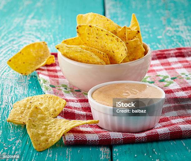 Nachos And Dip Stock Photo - Download Image Now - Appetizer, Blue, Bowl